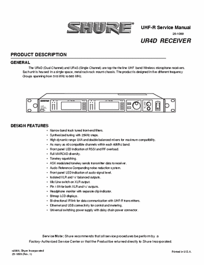 Shure UR4D Receiver Service Manual Dual Channel UHF Band Wireless microphone receivers - Part 1/2, pag. 52